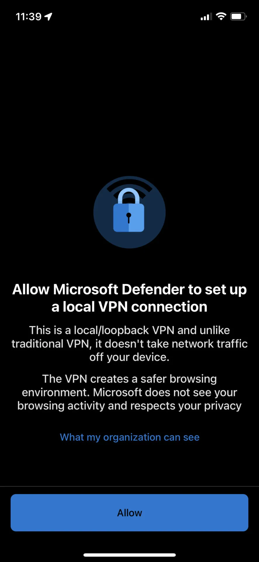 Defender iOS local VPN connection