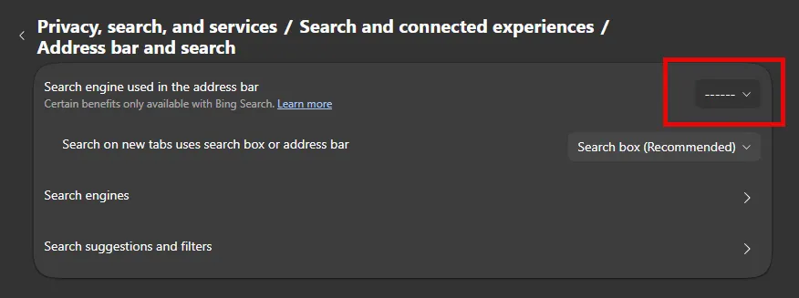 Edge address bar search engine setting showing the dropdown broken and unable to select a provider