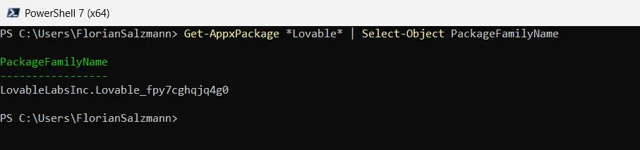 PowerShell-Ausgabe mit dem aufgelösten PackageFamilyName für Lovable