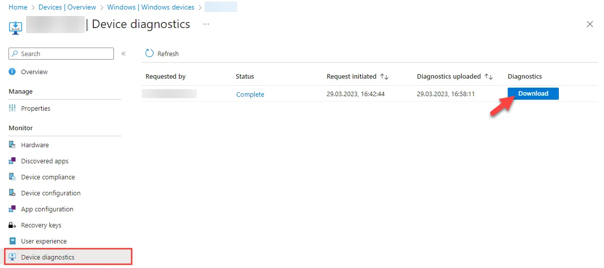 Intune, download Collect diagnostics