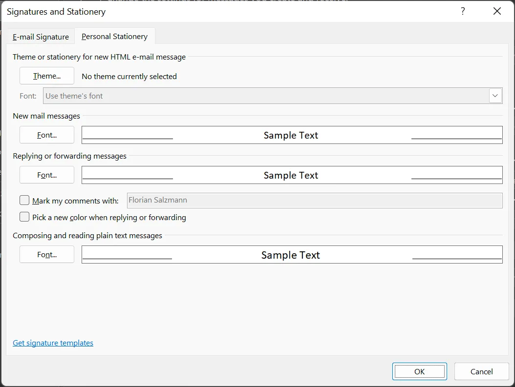 Outlook Settings, Stationery and Fonts