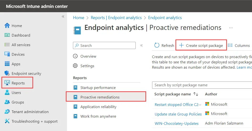 Intune, add Proactive Remediations