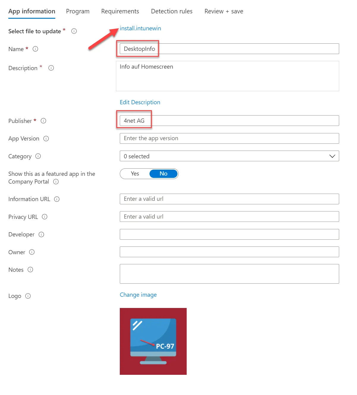 DesktopInfo app, Intune