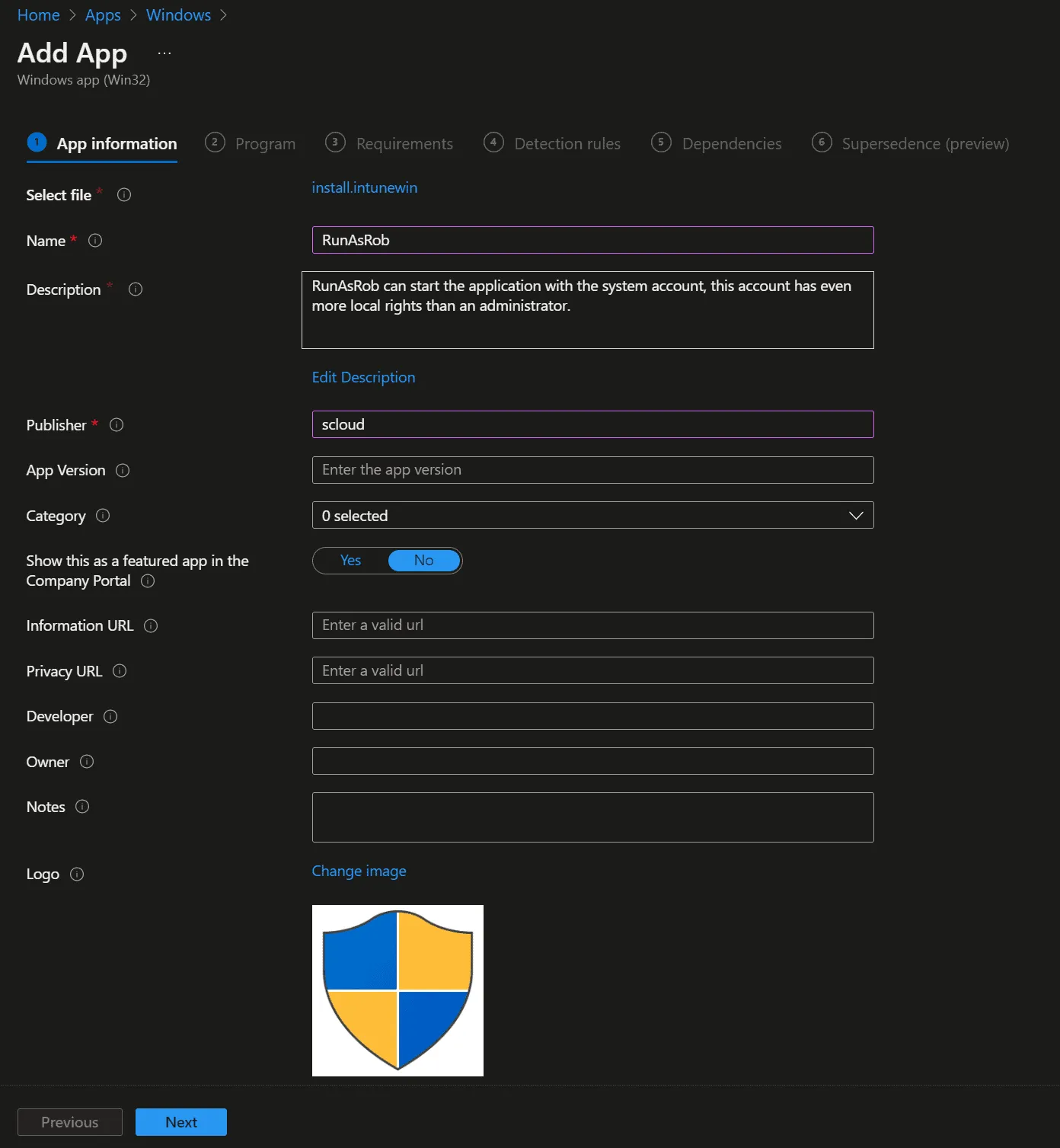 Win32 App, RunAsRob, settings