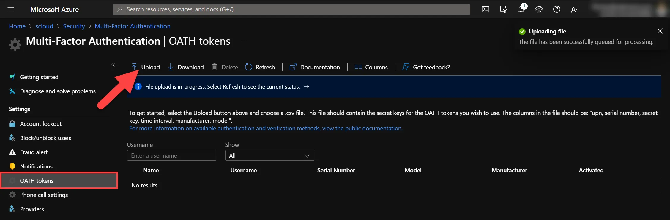 OATH TOTP token upload Azure MFA