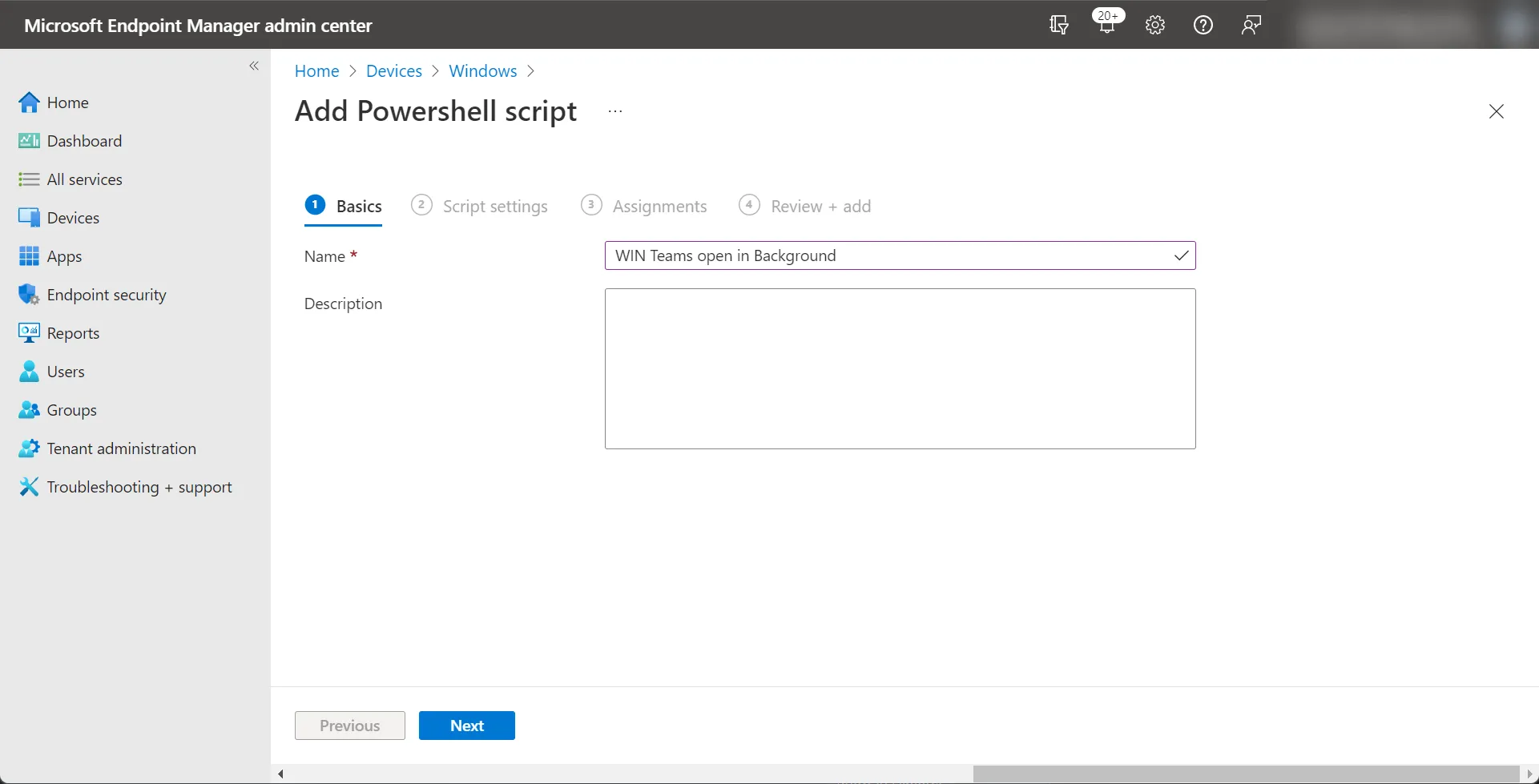 Intune, add PowerShell Script