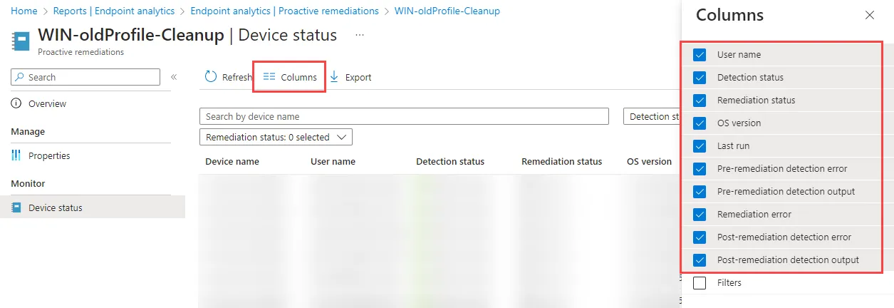 Proactive Remediation Spalten