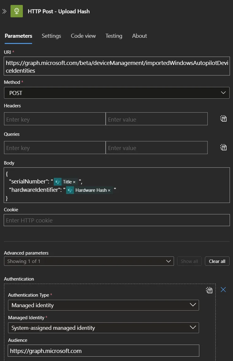 Logic App HTTP Post configuration for Autopilot Hash Upload