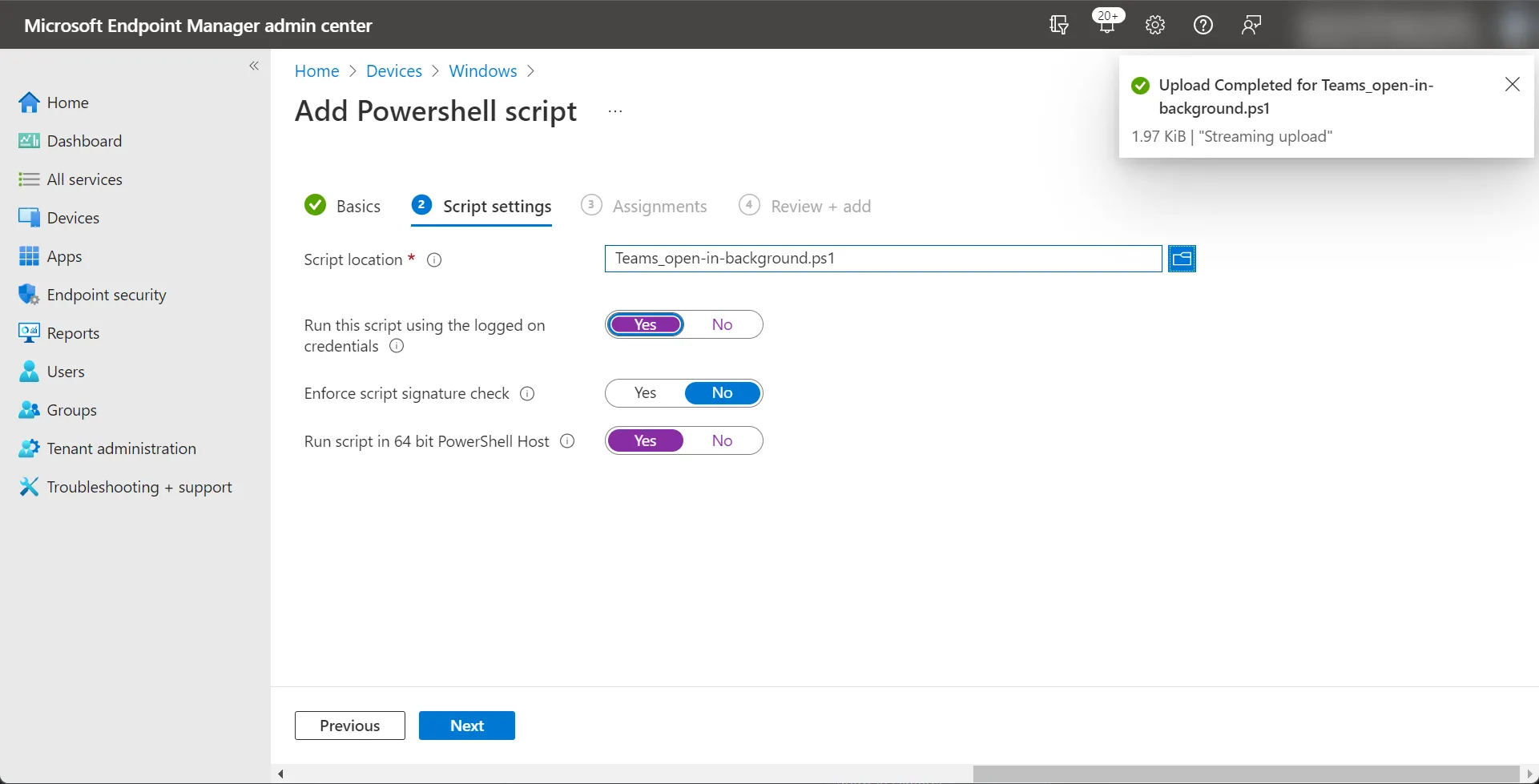 Intune, upload PowerSHell script