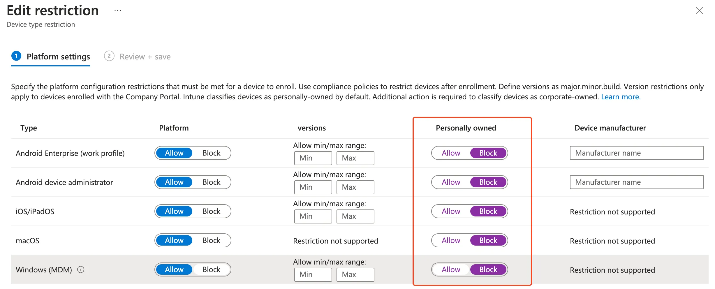 Block Personally owned devices in Intune