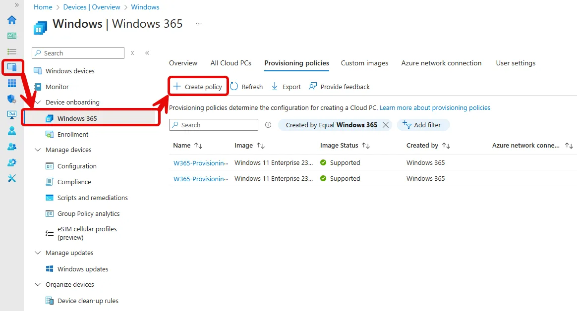 Create a new Windows 365 provisioning policy