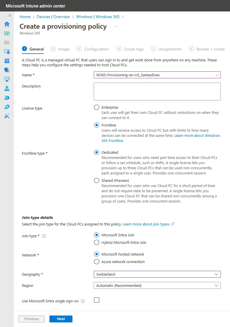 Windows 365 Frontline Provisioning policy settings