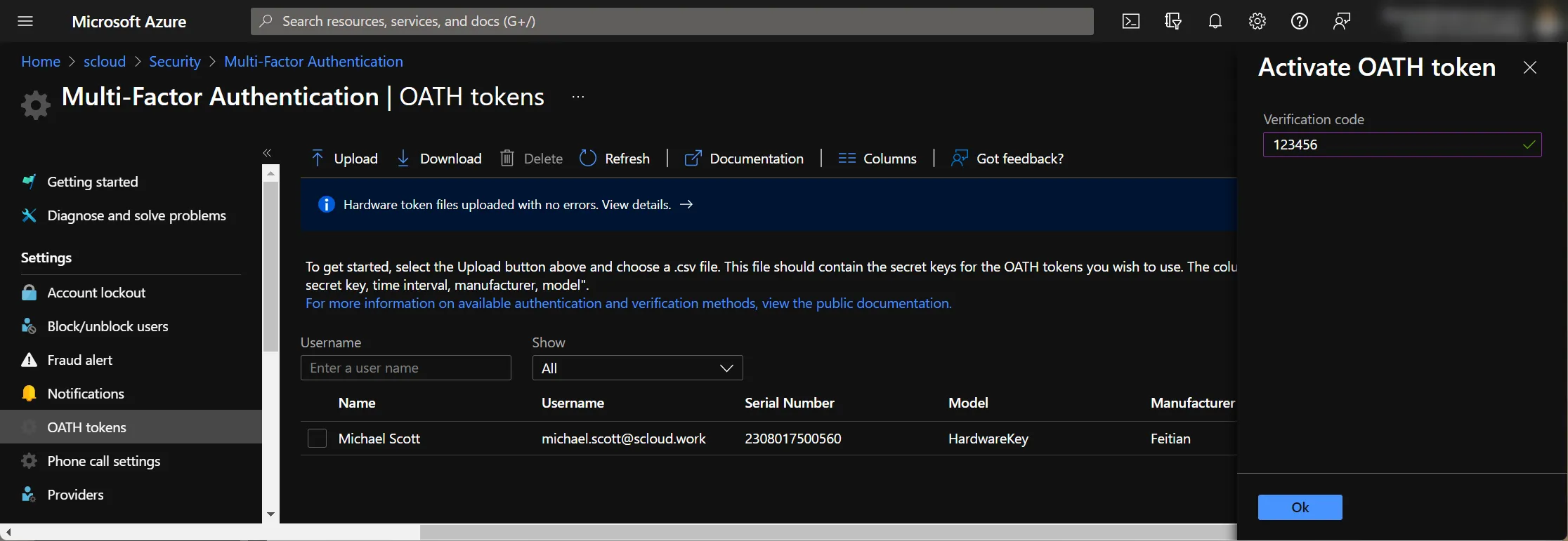 OATH activation, Azure MFA