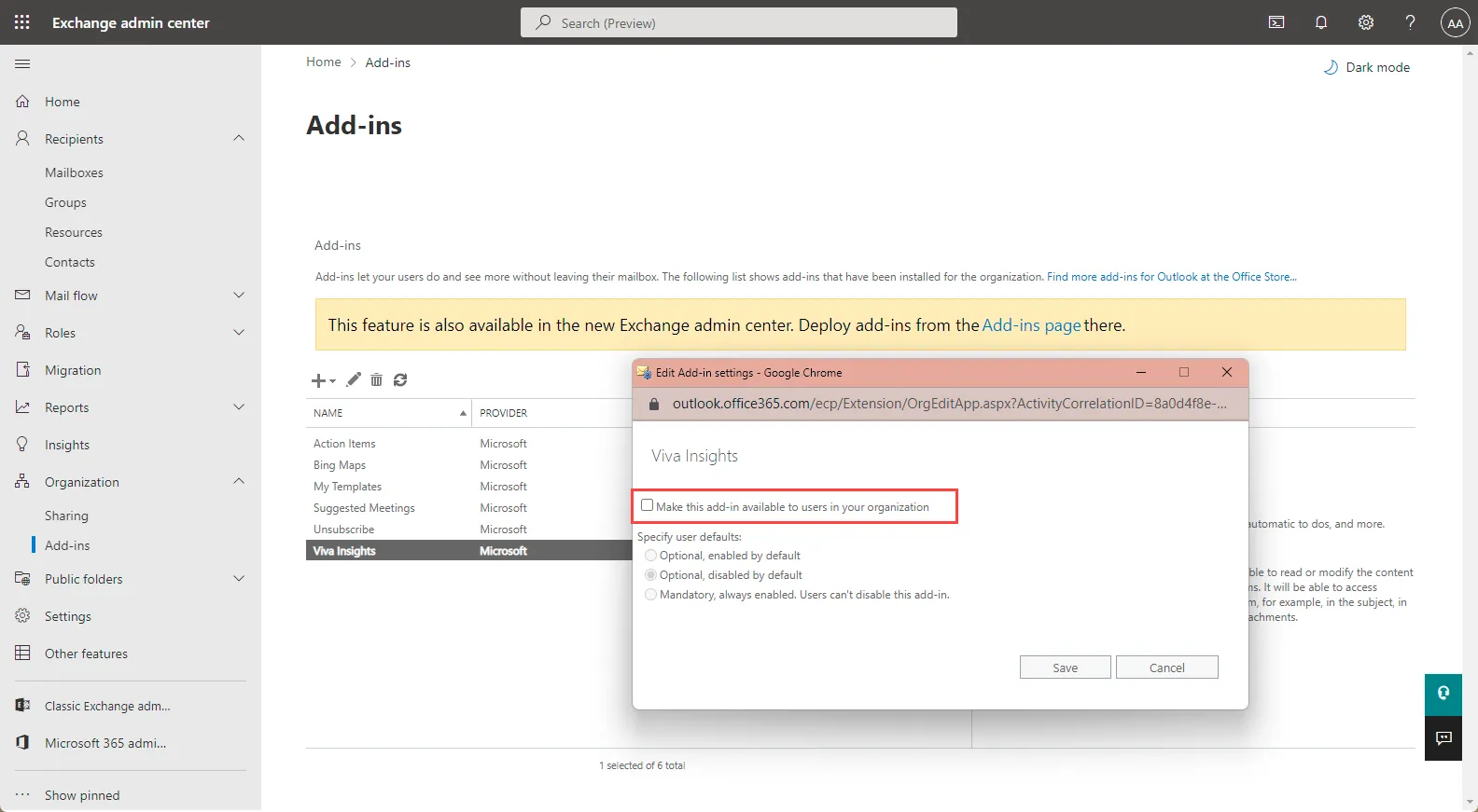 deactivate Viva Insight Outlook Add-in