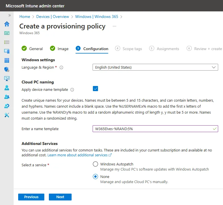 Windows 365 Provisioning configuration