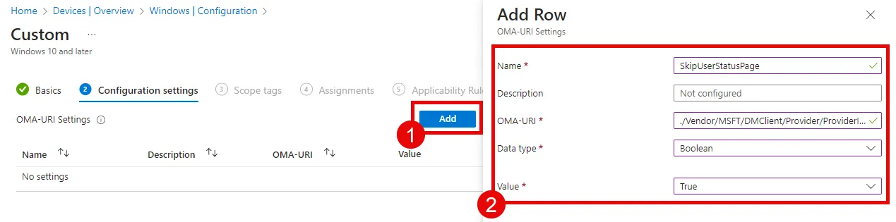 Intune, add custom OMA-URI for Skipping Account Setup in Autpilot