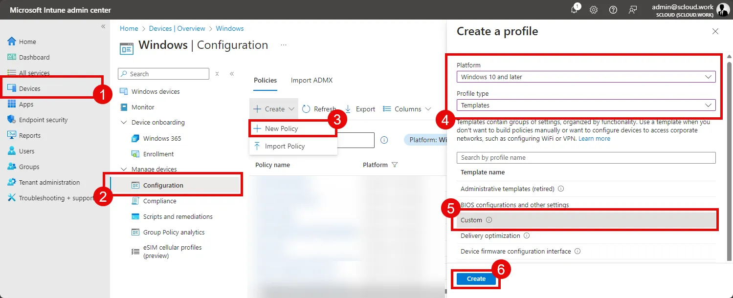 Intune, create a new custom profile