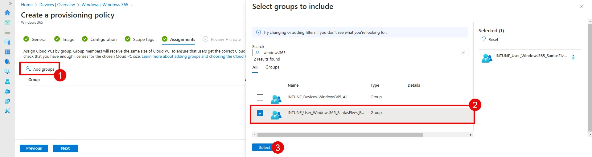 Group / User assignment for Windows 365 provisioning
