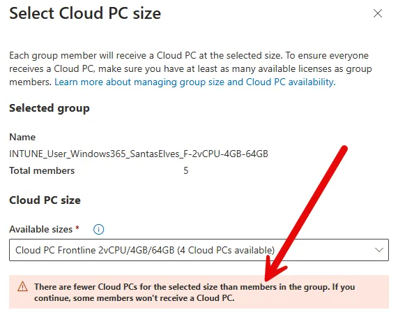 Windows 365 Frontline warning for too many users