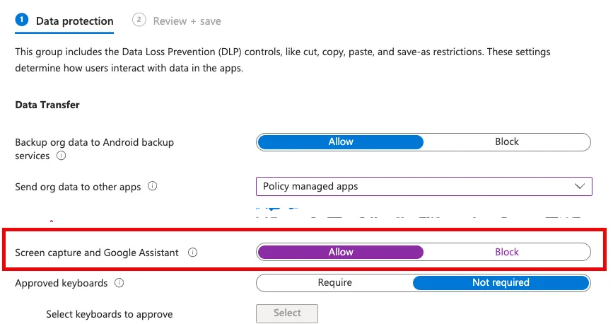 MAM Android Intune, Screen capture