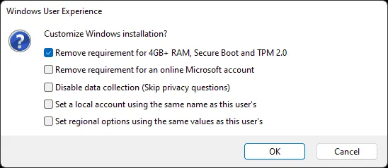 Rufus, Voraussetzungen Windows 11 entfernen