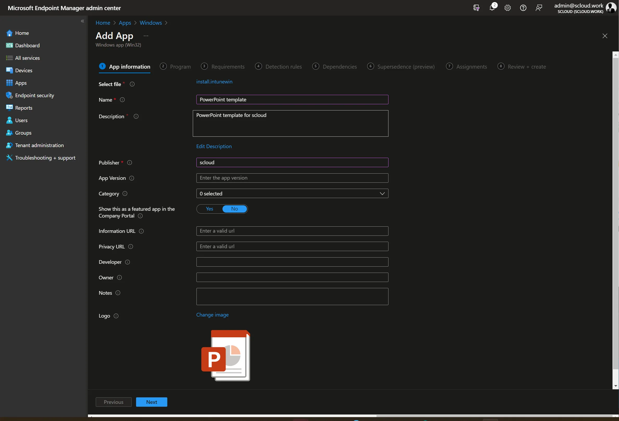 Add win32 App, PowerPoint template