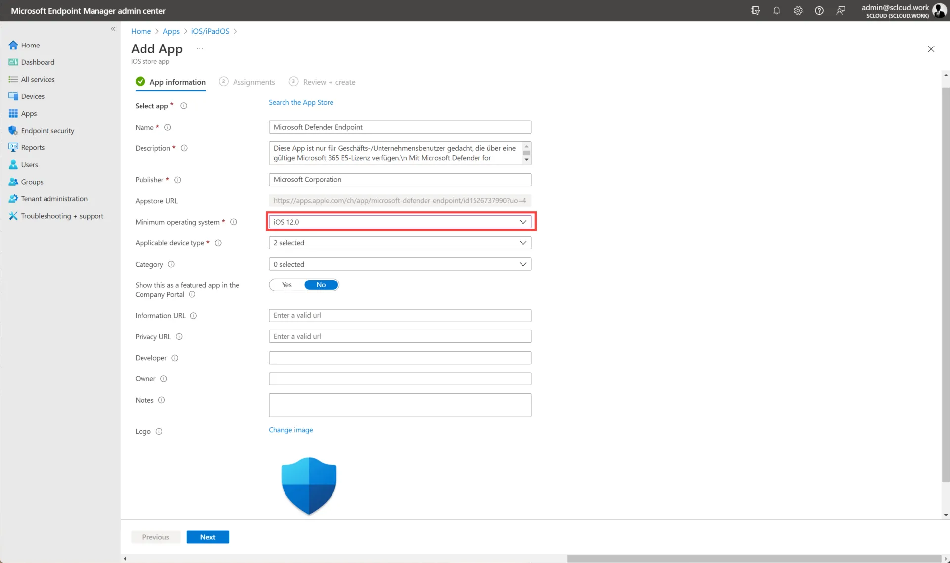 iOS store app Microsoft defender - minimum ios