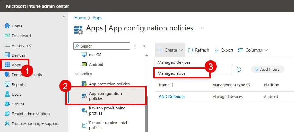 Intune, add new App configuration policy