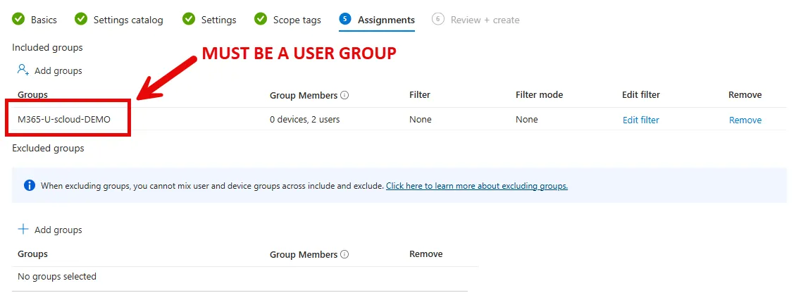 Intune, App configuration policy assignment
