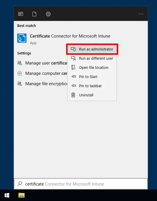 Run the Microsoft Intune Certificate Connector configuration wizard as administrator