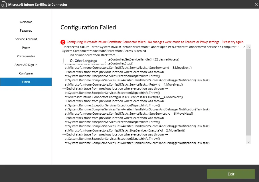Configuring Microsoft Intune Certificate Connector Failed