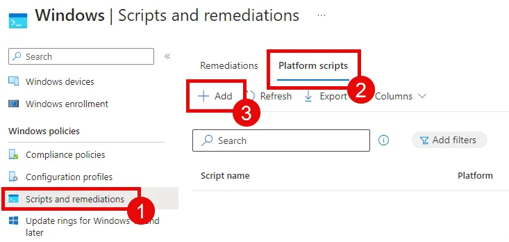 Intune, add Platform script