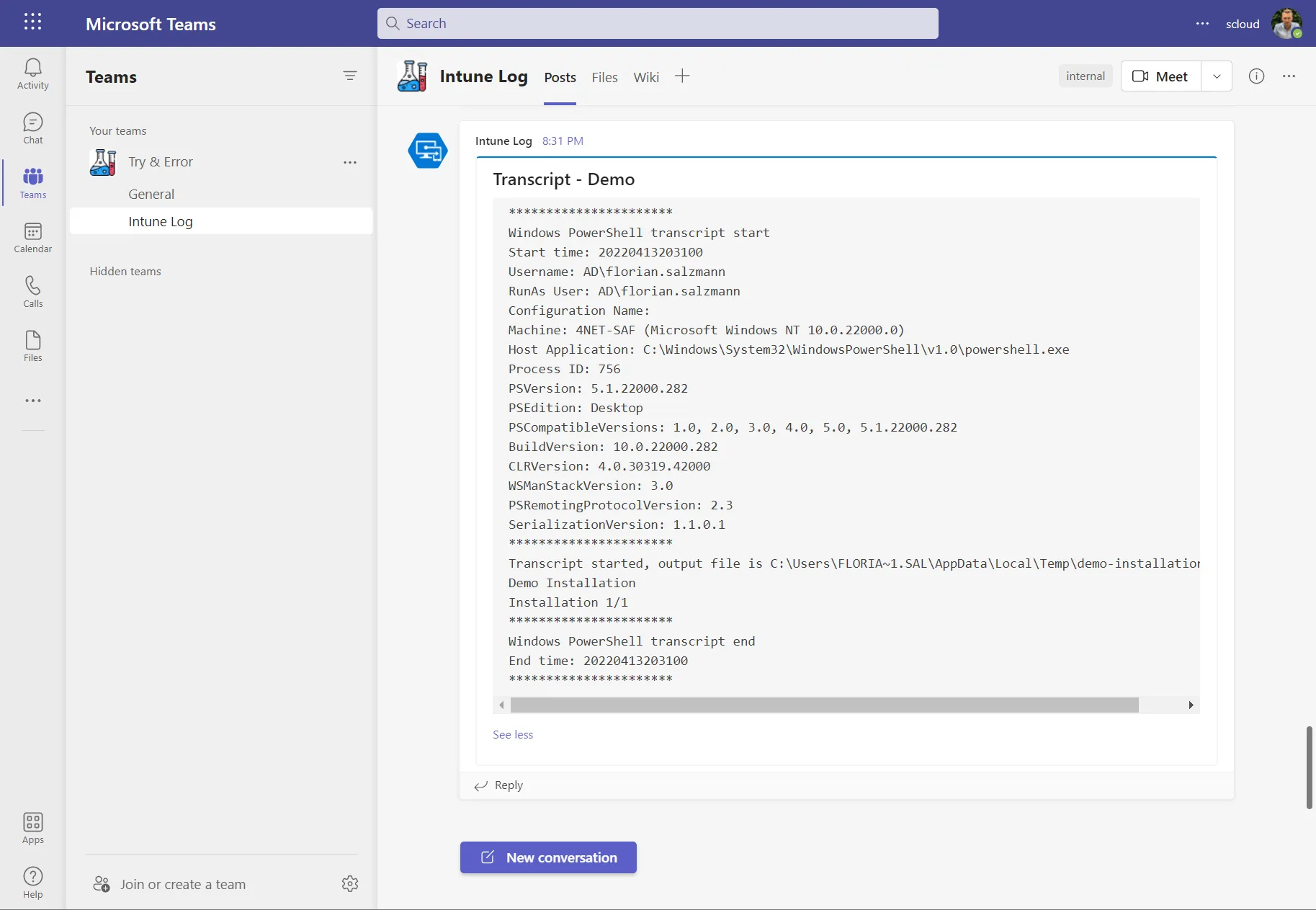 Teams incoming webhook, PowerShell transcript