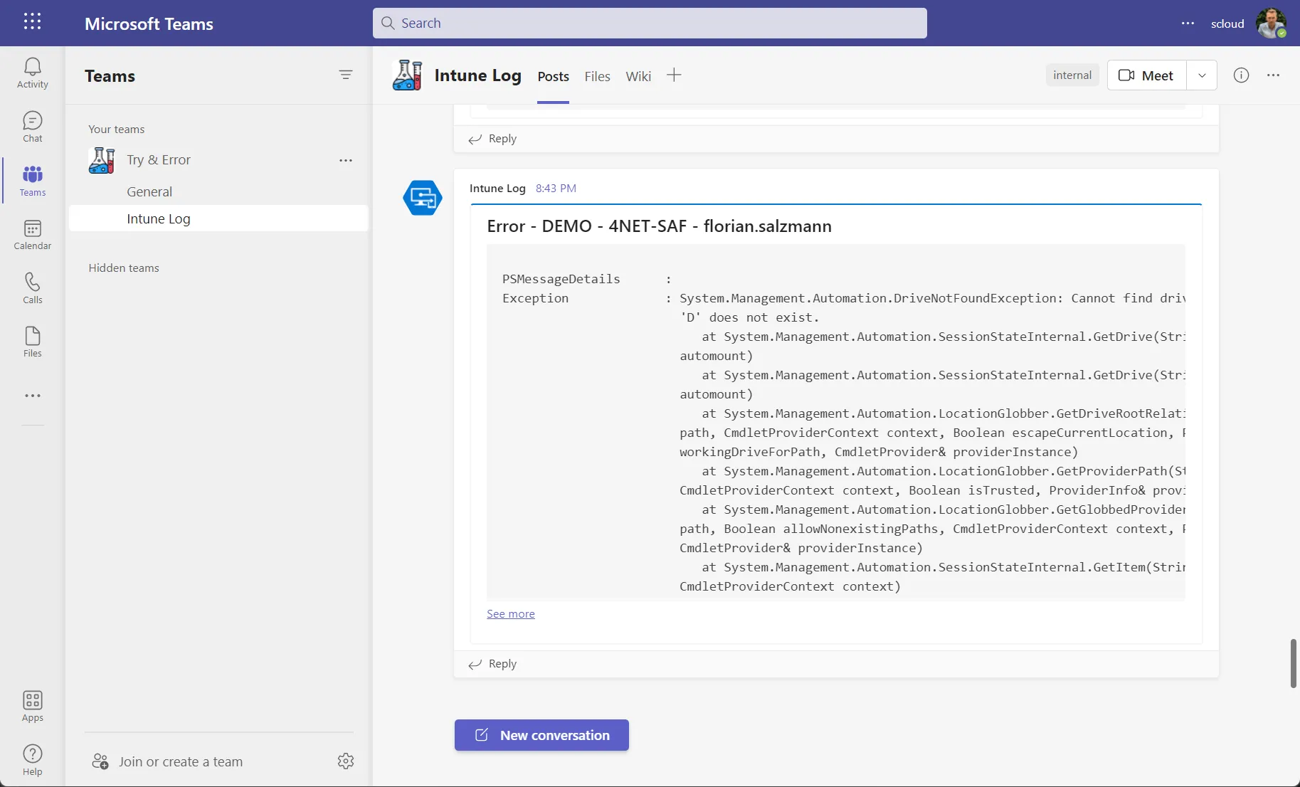 Teams webhook PowerShell script error catch