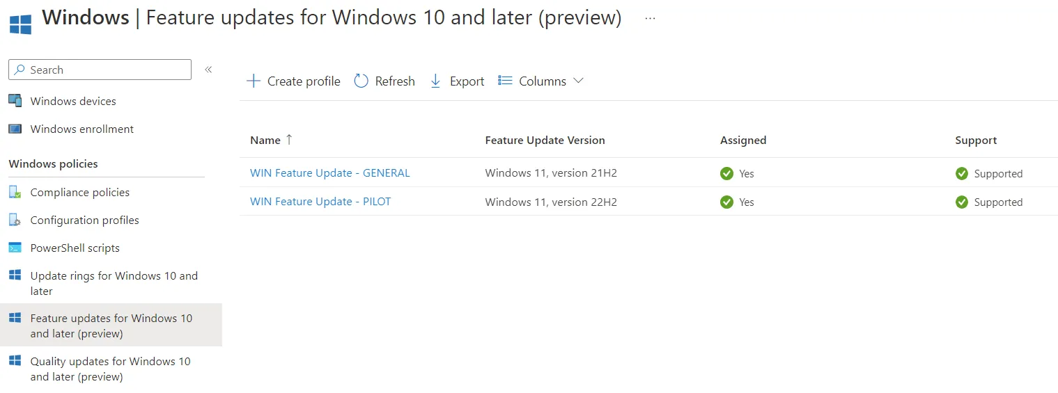 Windows Feature Update Richtlinien