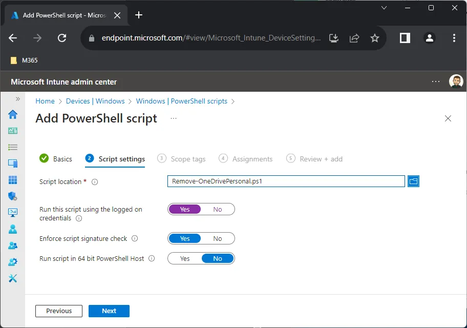 Intune, PowerShell script Remove-OneDrivePersonal