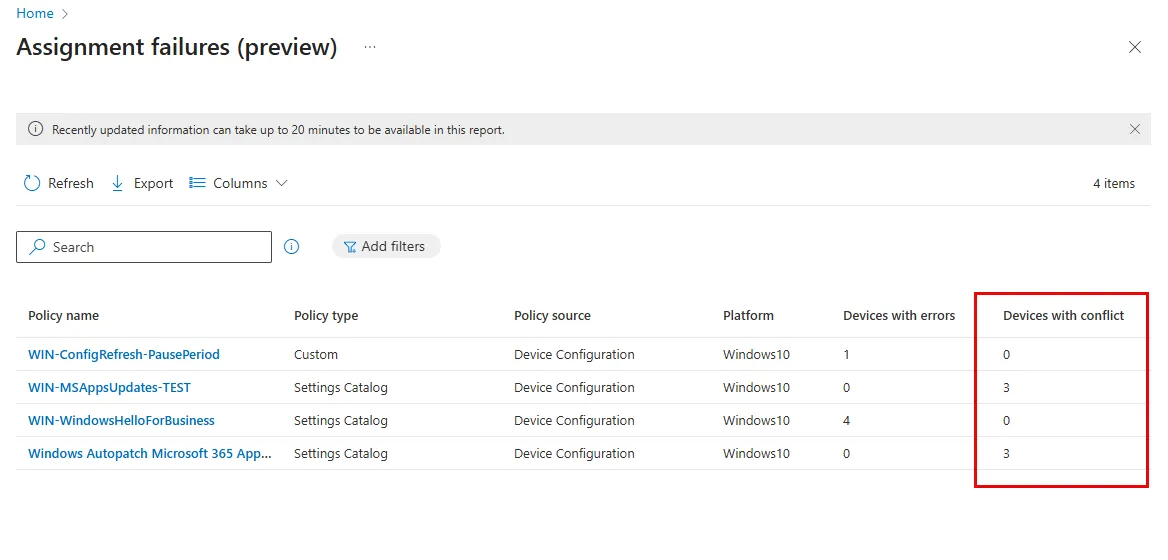 Assigment failures and conflict in Intune