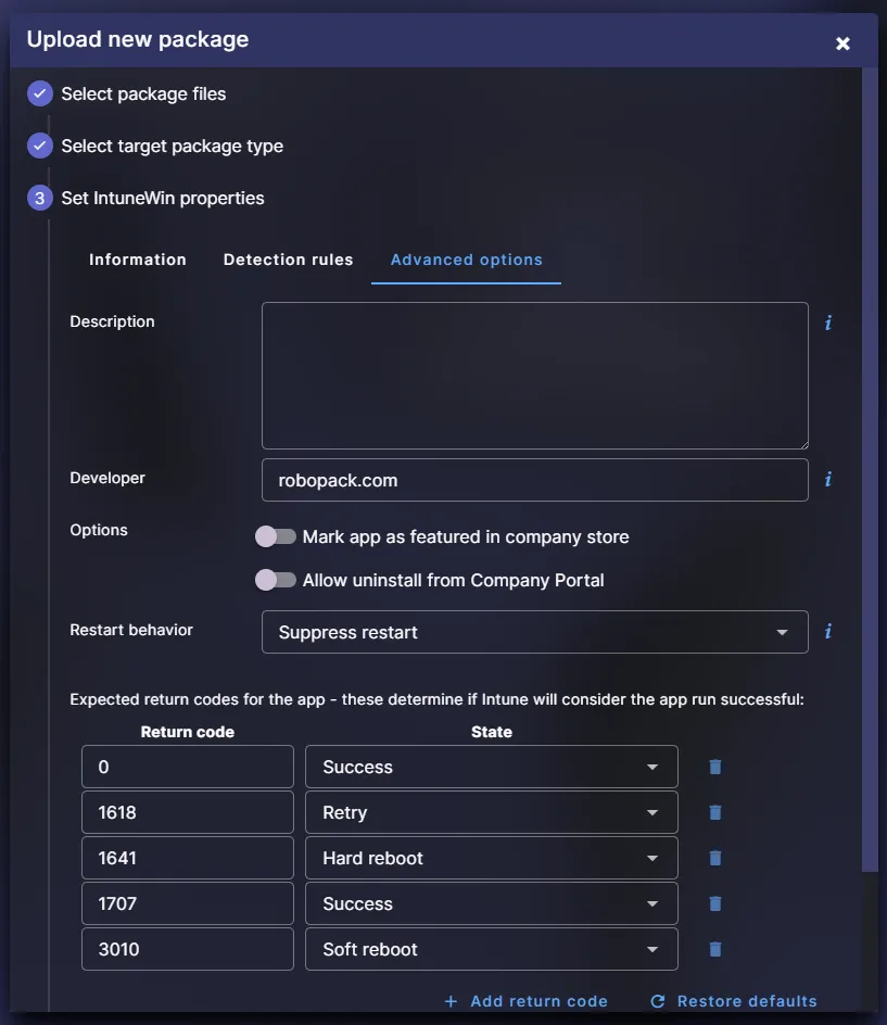 Robopack, win32 Advanced options
