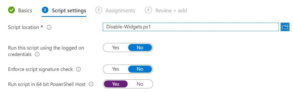 Intune PowerShell disable widgets