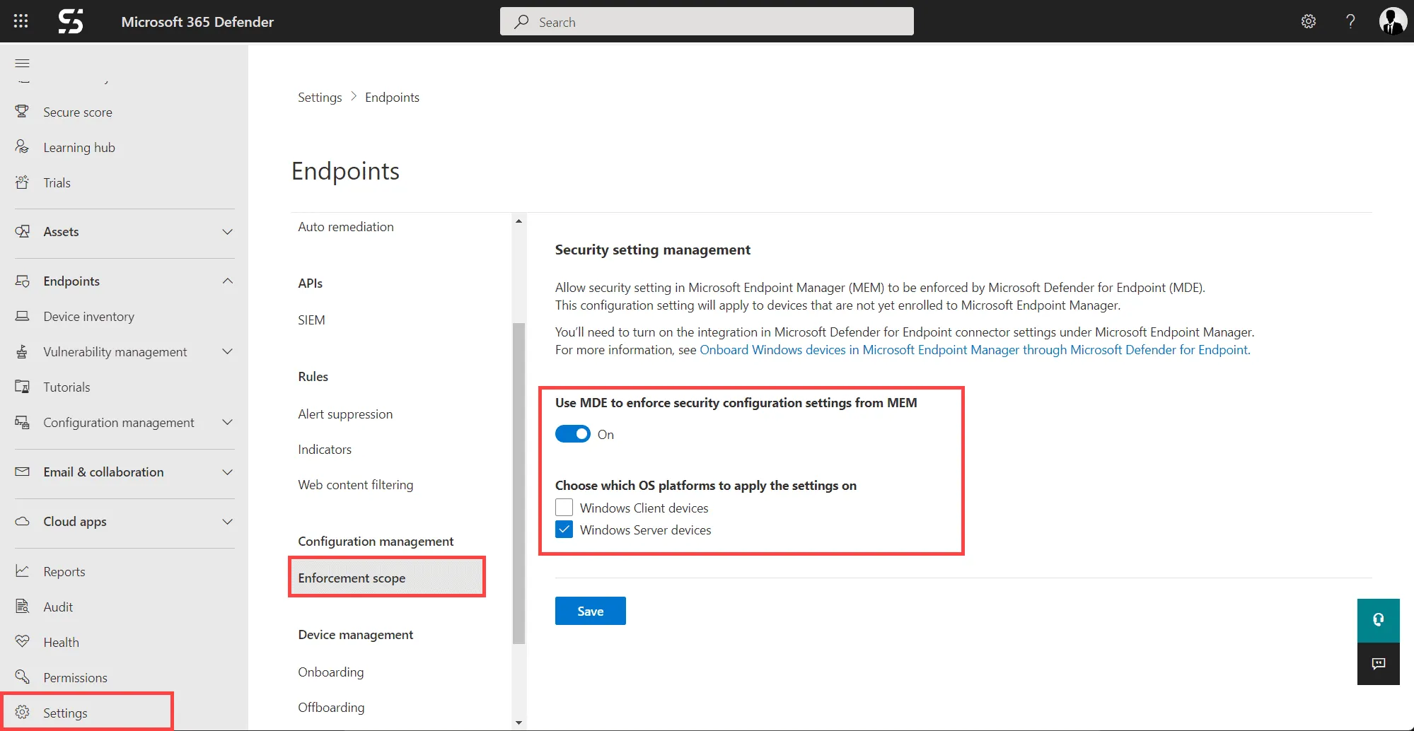 Defender MDE, Security setting management
