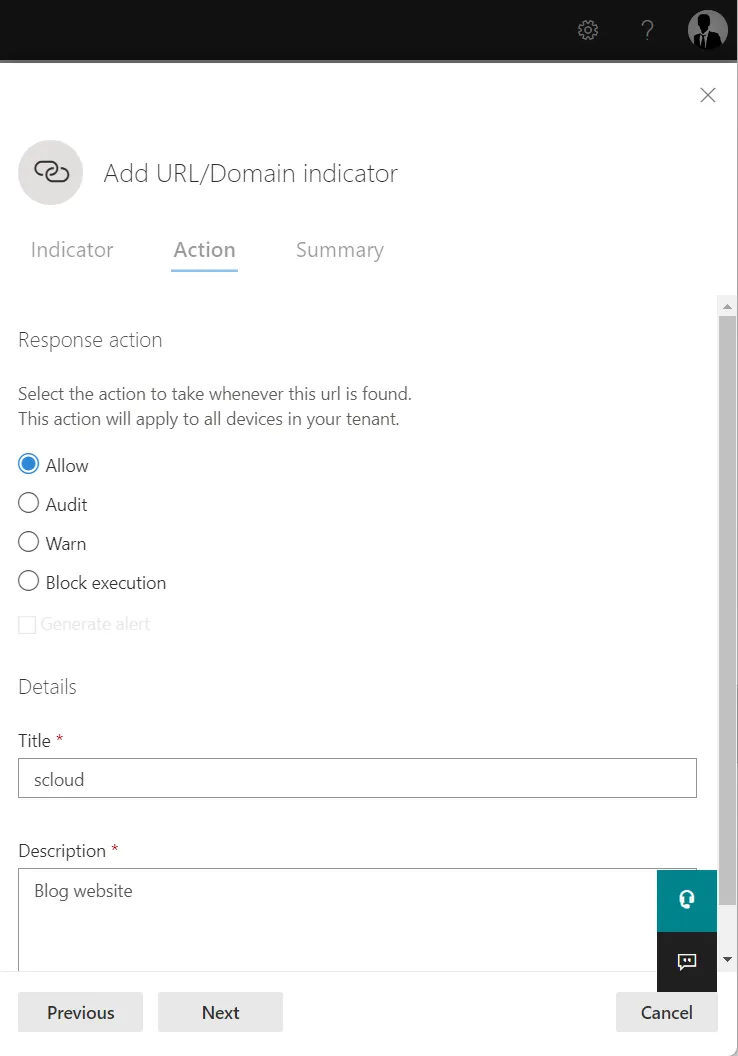 Defender Webfilter exception, Response action