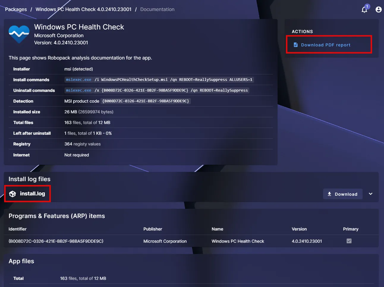 Robopack, Installation log of testing