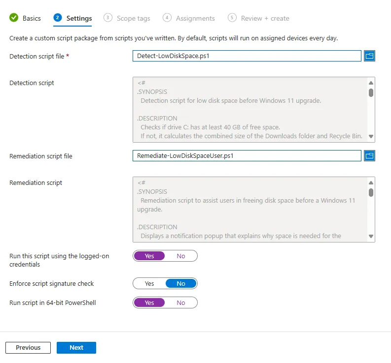Intune, Detection and remediation script settings