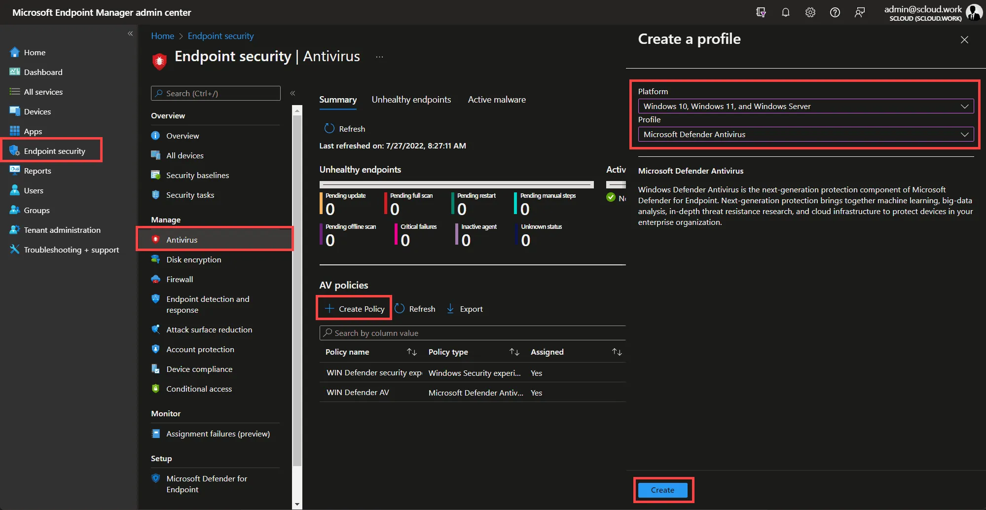 Create Defender Antivirus Policy