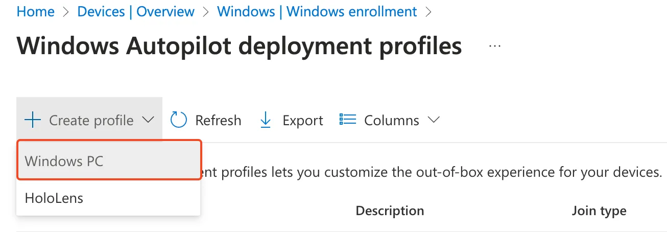 Intune, add Autopilot Profile