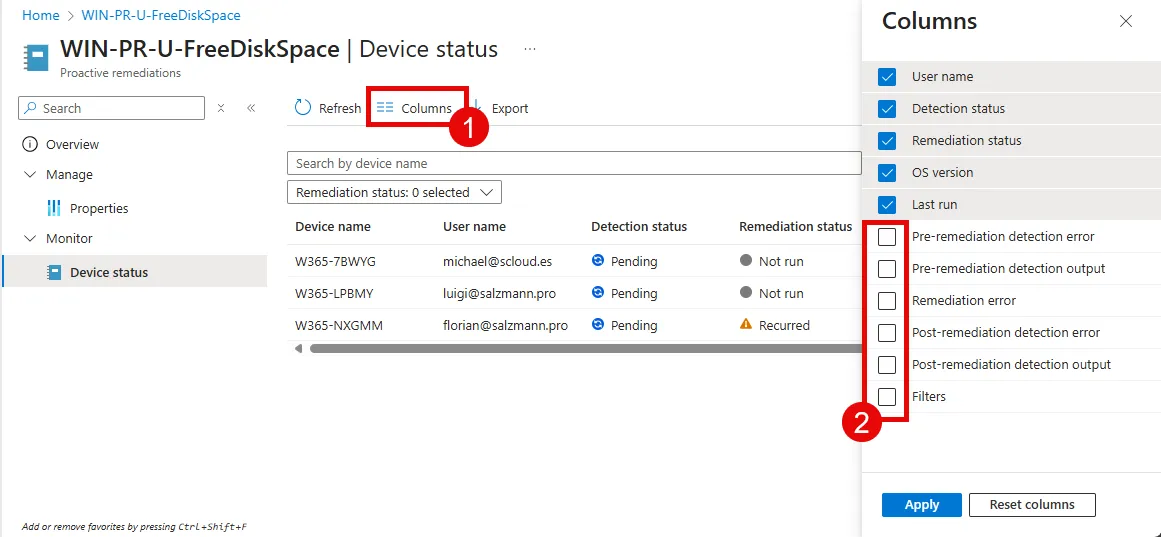 Intune Remediation adjust Monitoring view