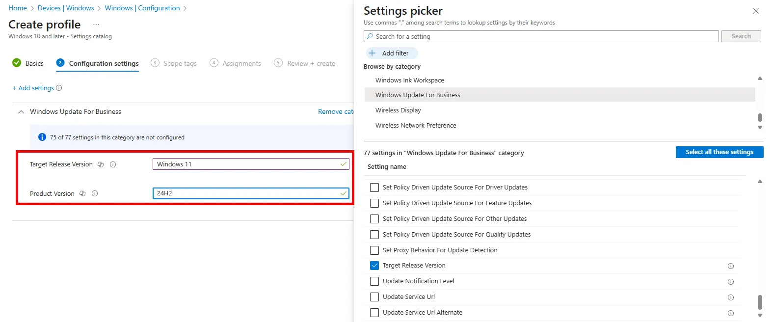 Intune, Settings to lock Feature update