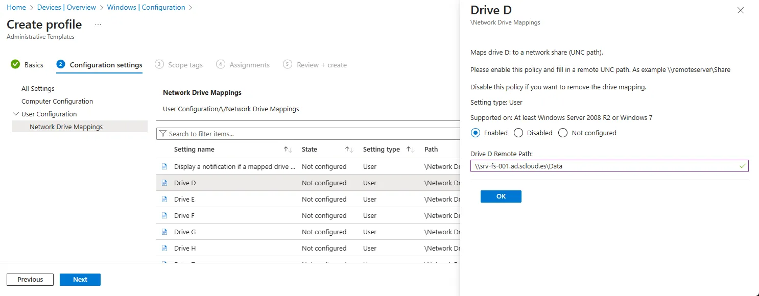 Intune, Network drive policy