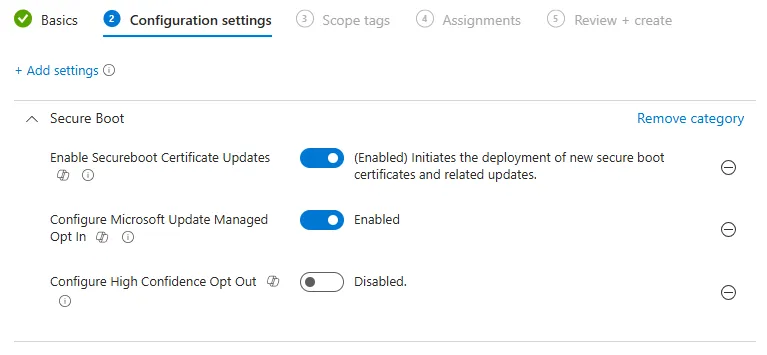 Secure Boot Settings Catalog Update Settings