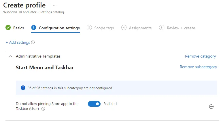 Intune Settings Catalog: Prevent pinning the Microsoft Store to the taskbar"